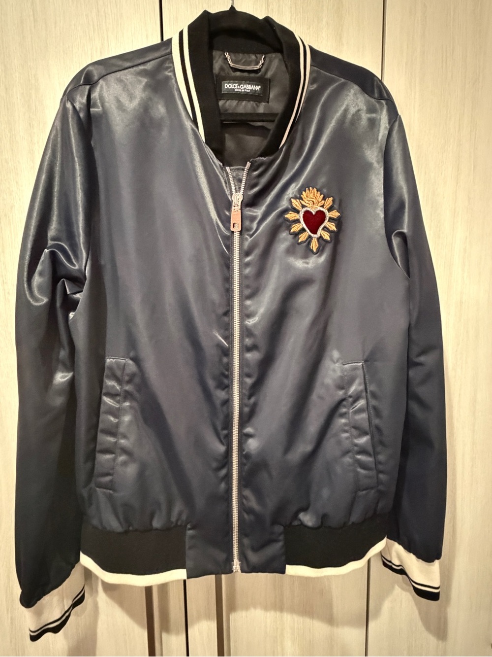 Dolce & Gabbana Navy Satin Bomber with Embroidered Heart Emblem